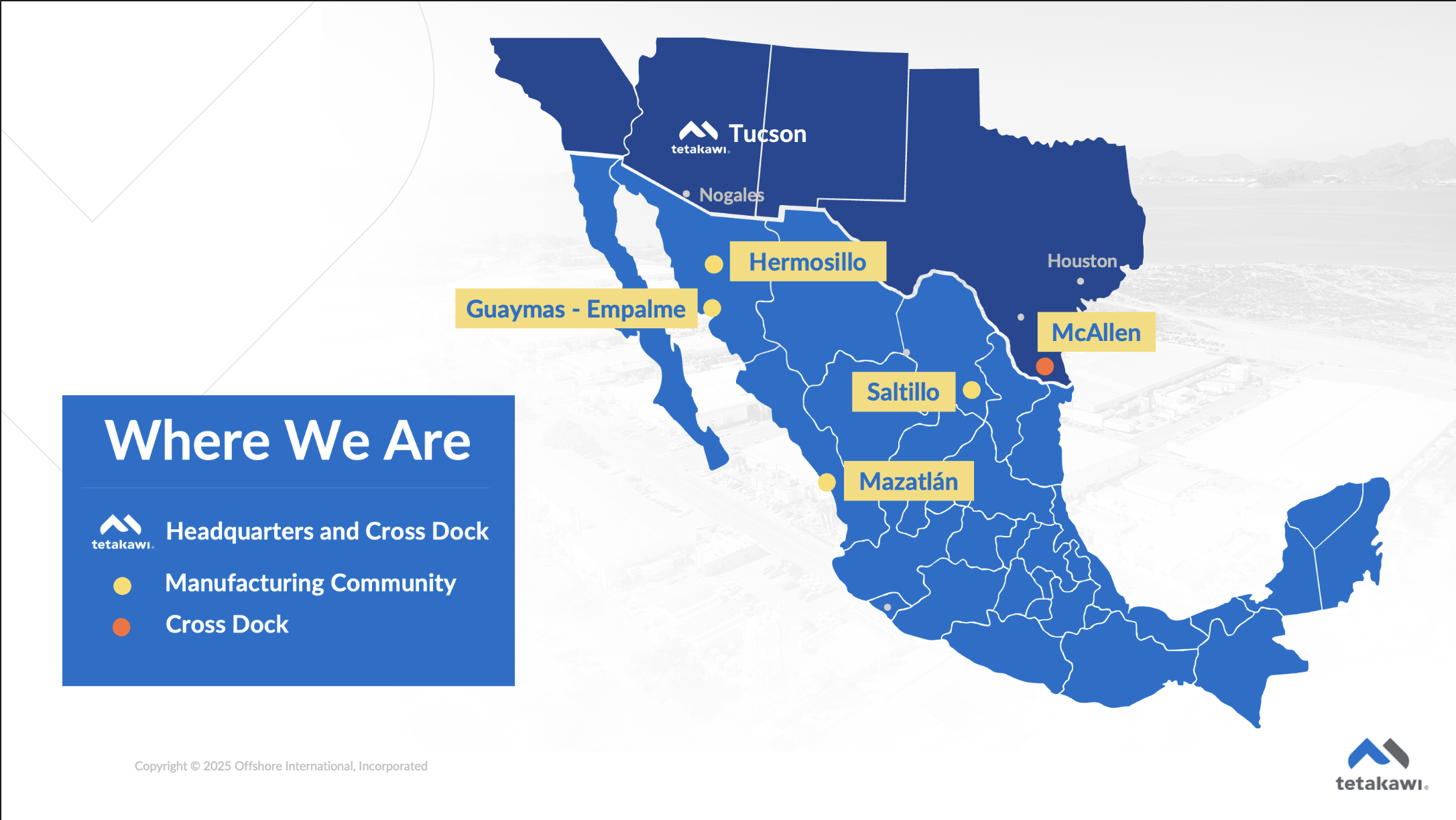 Map of Tetakawi’s manufacturing locations in Mexico and the U.S., showing where real-time wage and labor data is collected across Hermosillo, Guaymas–Empalme, Saltillo, and Mazatlán
